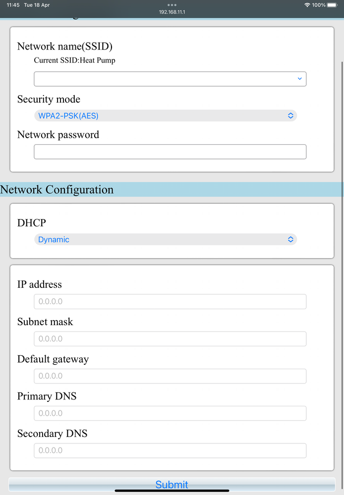 This is the setup page for the heat pump dongle. I’ve changed the SSID of my Wi-Fi to ‘heat pump’ to separate the 2.4ghz bands out as I know it needs that