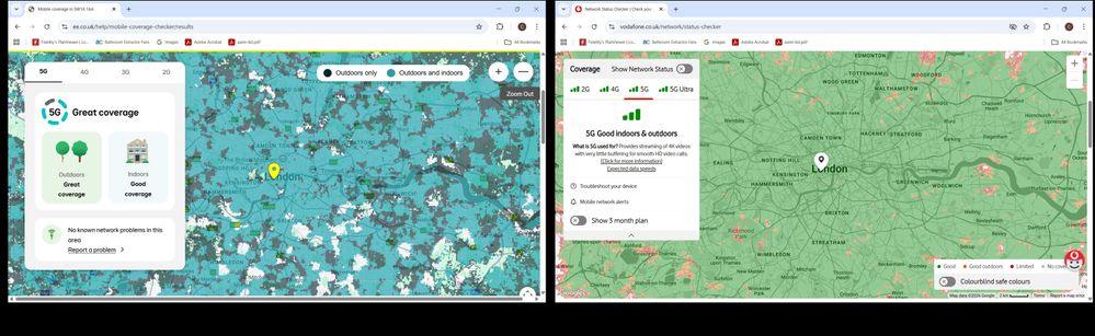 A comparison of 5G coverage across London: EE (left) versus Vodafone (right). Does anyone know what the white and grey areas on the EE map represent, and whether EE has plans to improve its 5G coverage?