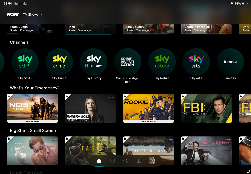 NOW App channel showing Crime+Investigation