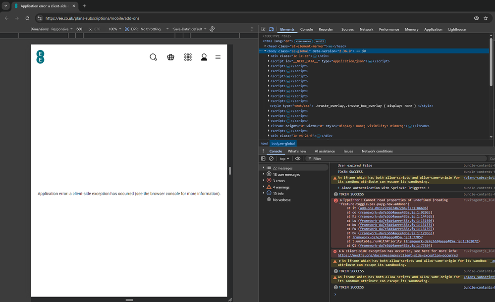 application error - mobile add-ons