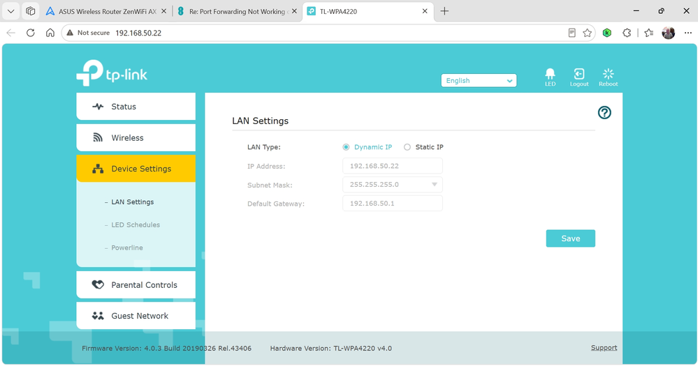 Tp Lan settings assigned from the router  DHCP