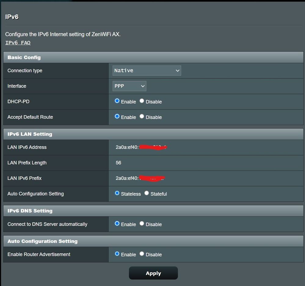 iPv6 Asus settings on the PPPoE connection.