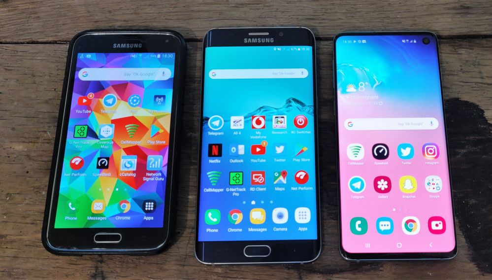 (L-R) Galaxy S5, S6 edge+, S10